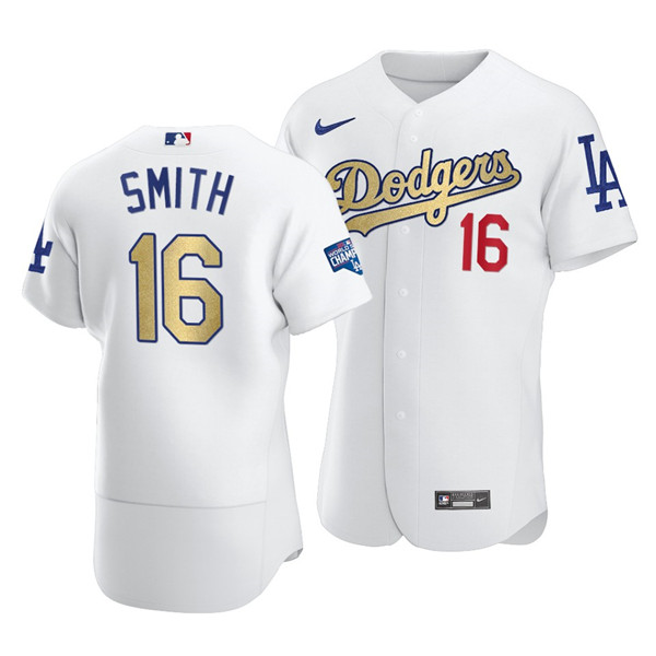 Men's Los Angeles Dodgers #16 Will Smith White Gold 2021 World Series Champions Patch Sttiched MLB Jersey